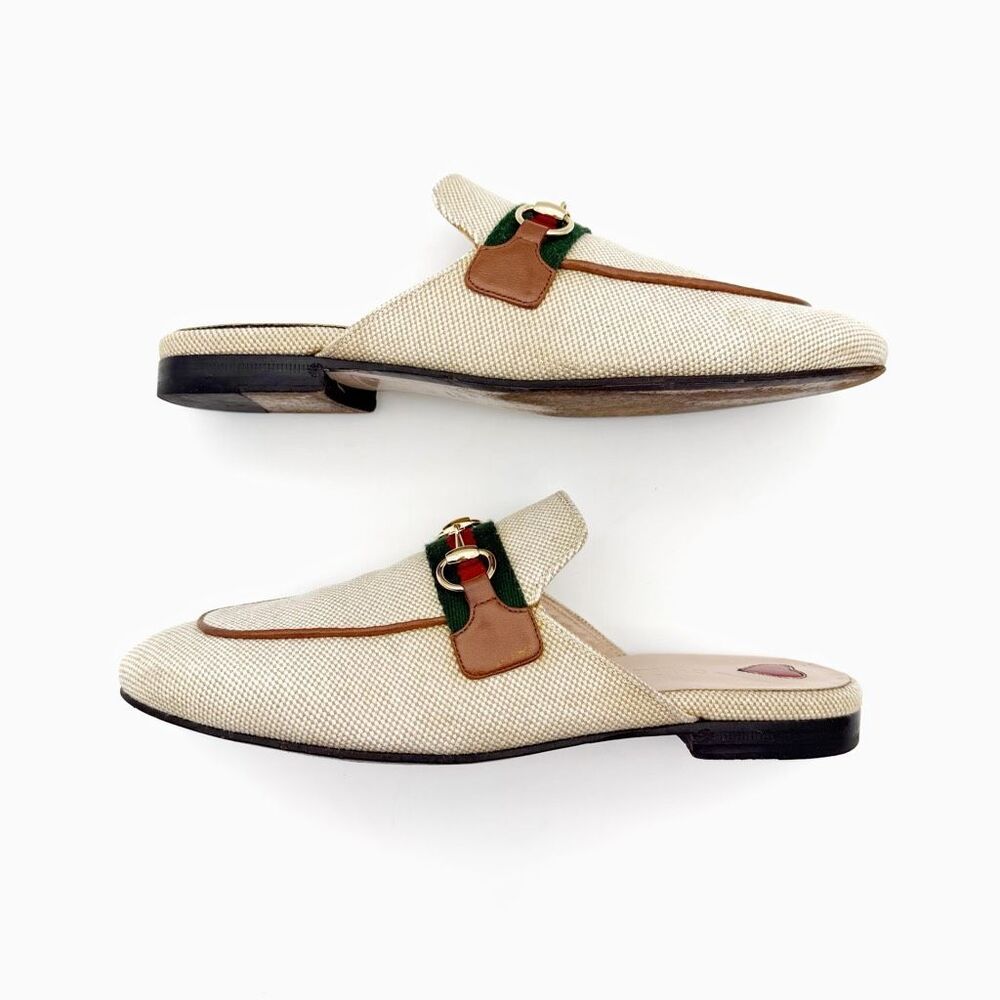 GUCCI Princetown Beige Canvas Mule Size 36.5 Horsebit Slip On Loafer Web Stripe - Picture 6 of 11